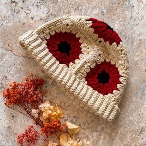 Handmade Crochet Granny Square Red and Cream Sunburst Beanie